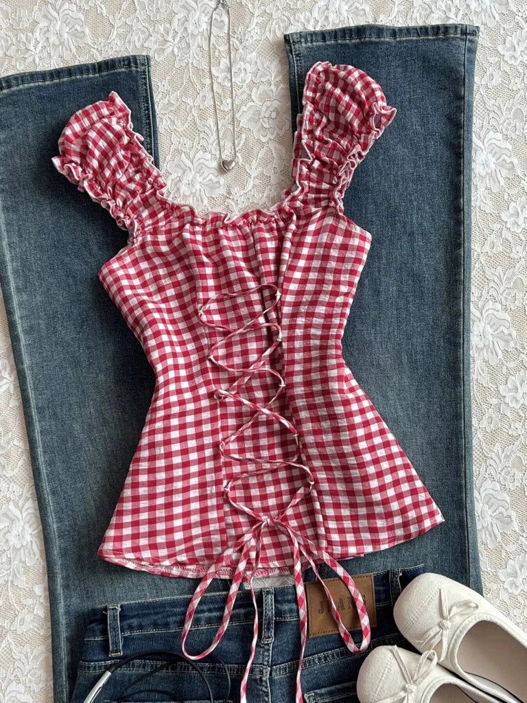 Frill Gingham Cap Sleeve Blouse - Red by Trendsi from FREYA’S CLOSET