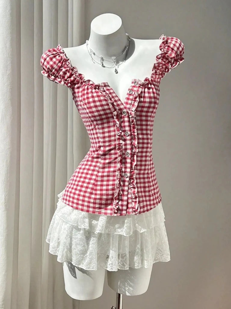 Frill Gingham Cap Sleeve Blouse - Red by Trendsi from FREYA’S CLOSET