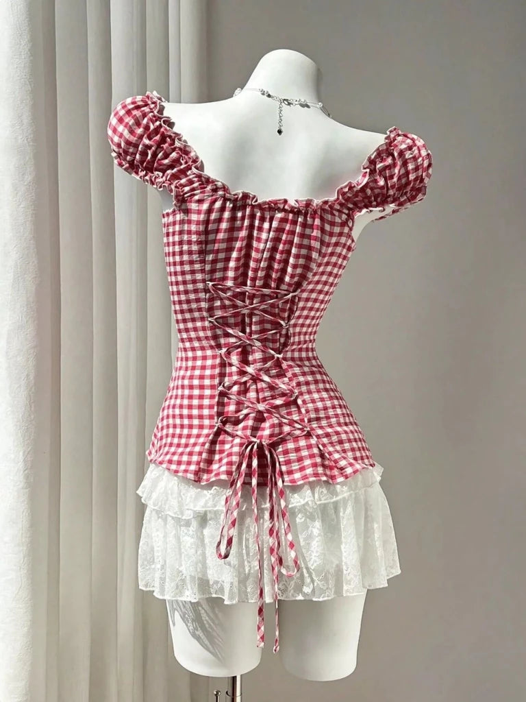 Frill Gingham Cap Sleeve Blouse - Red by Trendsi from FREYA’S CLOSET