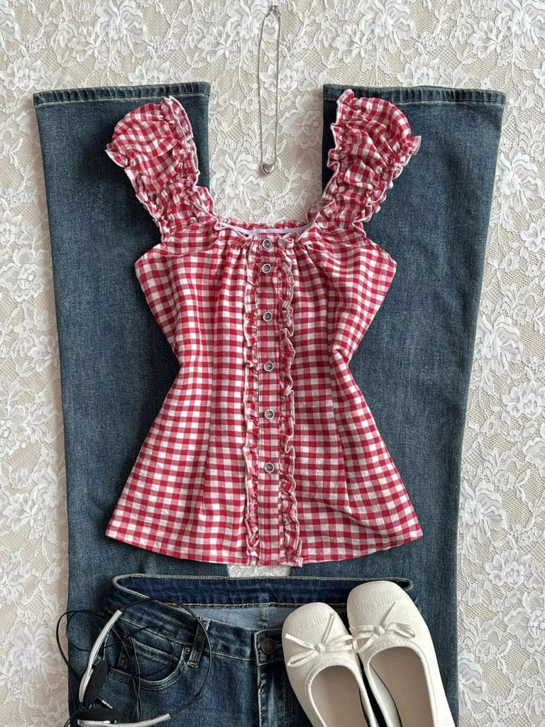 Frill Gingham Cap Sleeve Blouse - Red by Trendsi from FREYA’S CLOSET