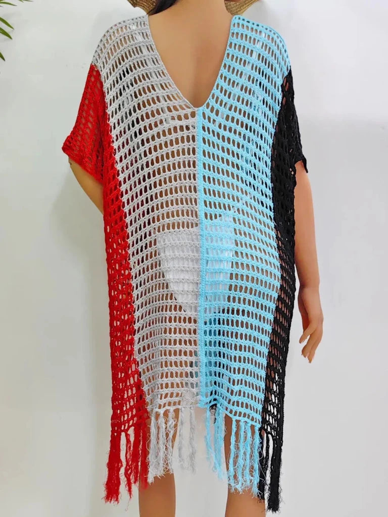 Fringe Color Block Scoop Neck Cover Up - Black by Trendsi from FREYA’S CLOSET