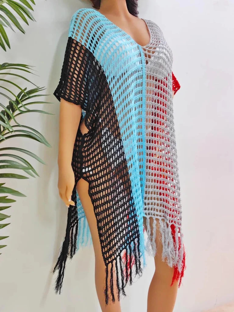 Fringe Color Block Scoop Neck Cover Up - Black by Trendsi from FREYA’S CLOSET