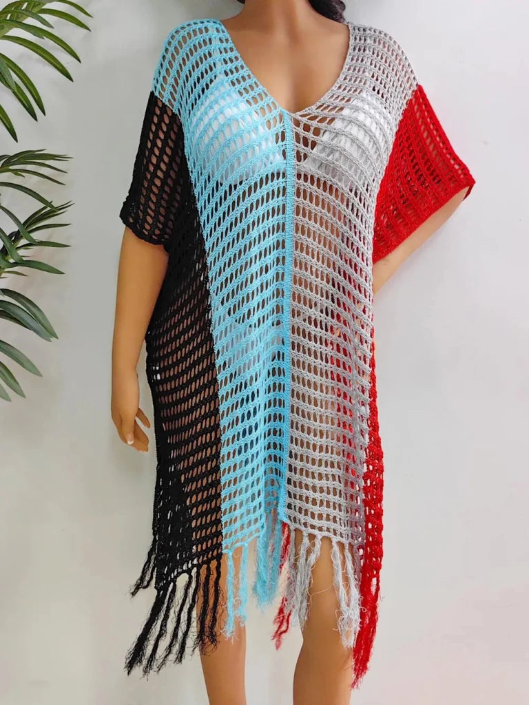 Fringe Color Block Scoop Neck Cover Up - Black by Trendsi from FREYA’S CLOSET
