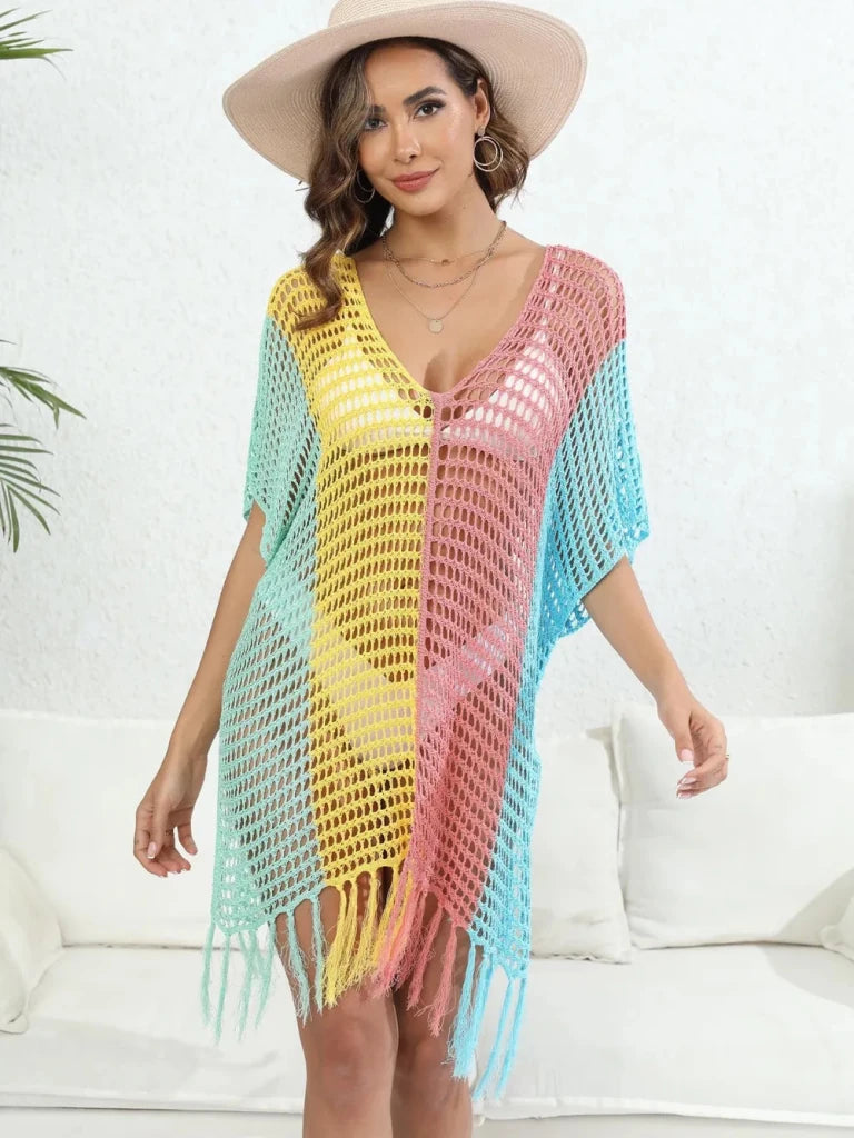 Fringe Color Block Scoop Neck Cover Up - Dusty Pink by Trendsi from FREYA’S CLOSET