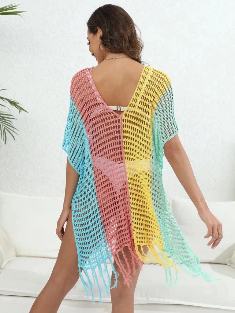 Fringe Color Block Scoop Neck Cover Up - Dusty Pink by Trendsi from FREYA’S CLOSET