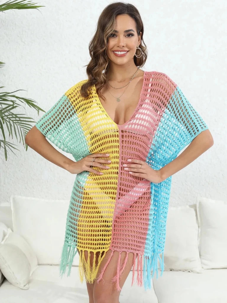 Fringe Color Block Scoop Neck Cover Up - Dusty Pink by Trendsi from FREYA’S CLOSET