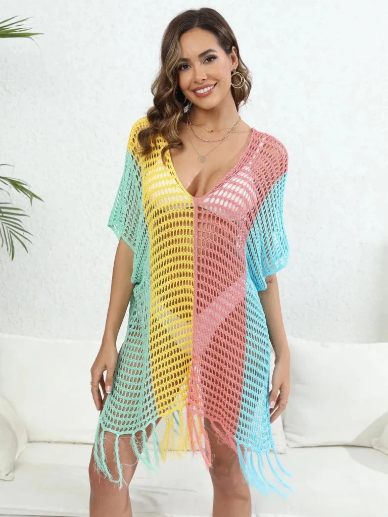 Fringe Color Block Scoop Neck Cover Up - Dusty Pink by Trendsi from FREYA’S CLOSET