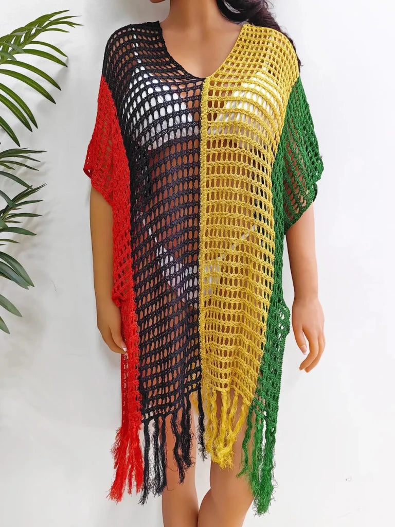 Fringe Color Block Scoop Neck Cover Up - Green by Trendsi from FREYA’S CLOSET