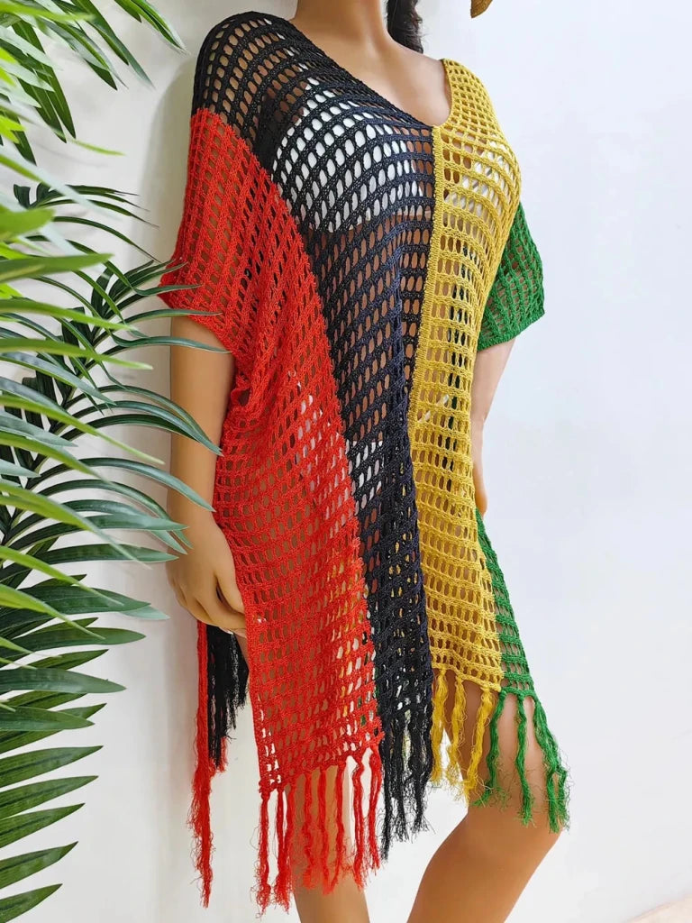 Fringe Color Block Scoop Neck Cover Up - Green by Trendsi from FREYA’S CLOSET
