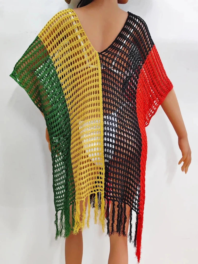 Fringe Color Block Scoop Neck Cover Up - Green by Trendsi from FREYA’S CLOSET
