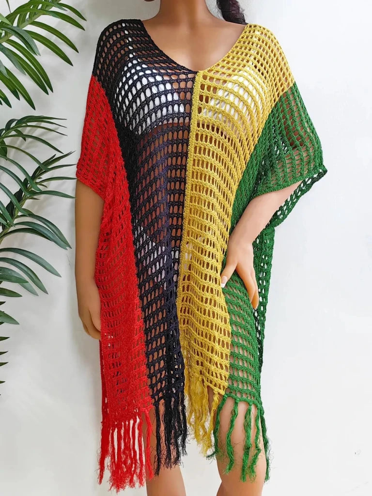Fringe Color Block Scoop Neck Cover Up - Green by Trendsi from FREYA’S CLOSET