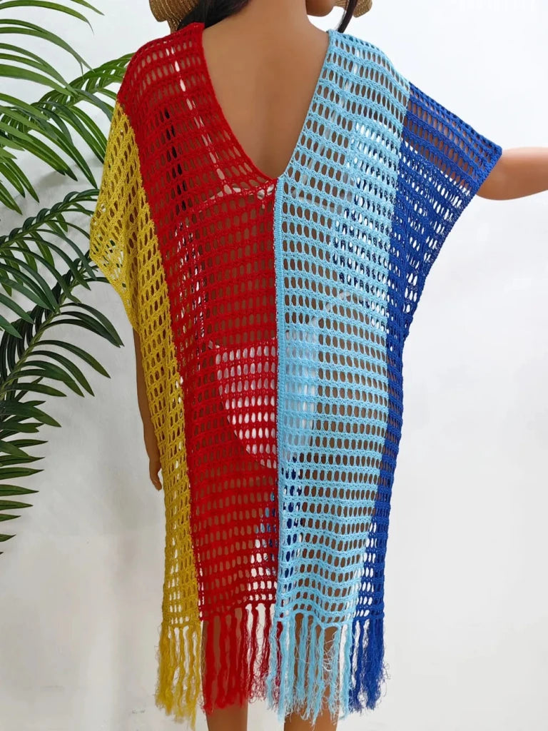 Fringe Color Block Scoop Neck Cover Up - Royal Blue by Trendsi from FREYA’S CLOSET
