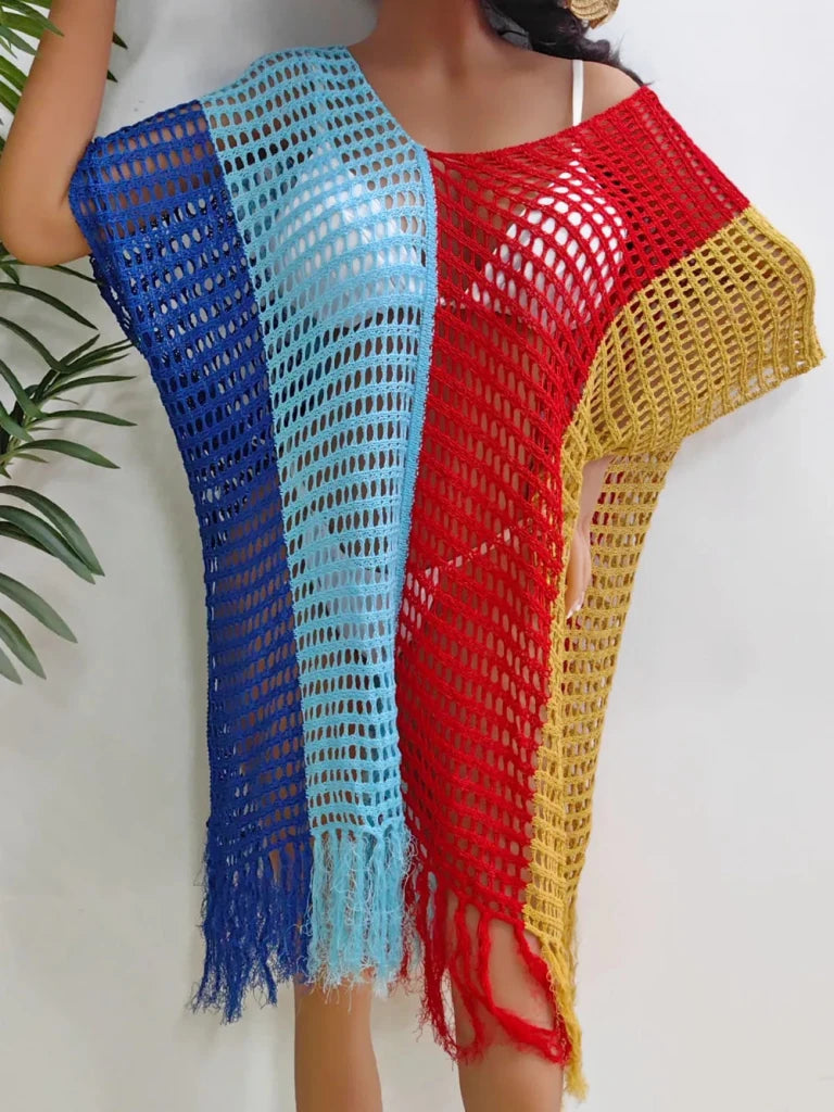 Fringe Color Block Scoop Neck Cover Up - Royal Blue by Trendsi from FREYA’S CLOSET