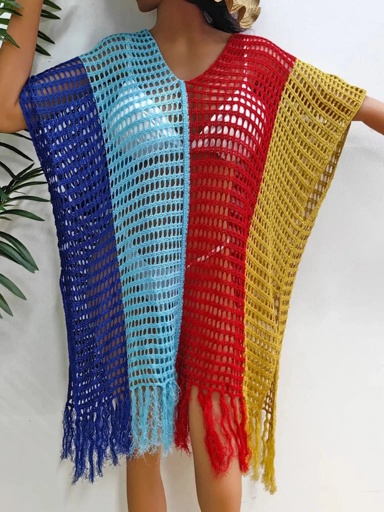 Fringe Color Block Scoop Neck Cover Up - Royal Blue by Trendsi from FREYA’S CLOSET