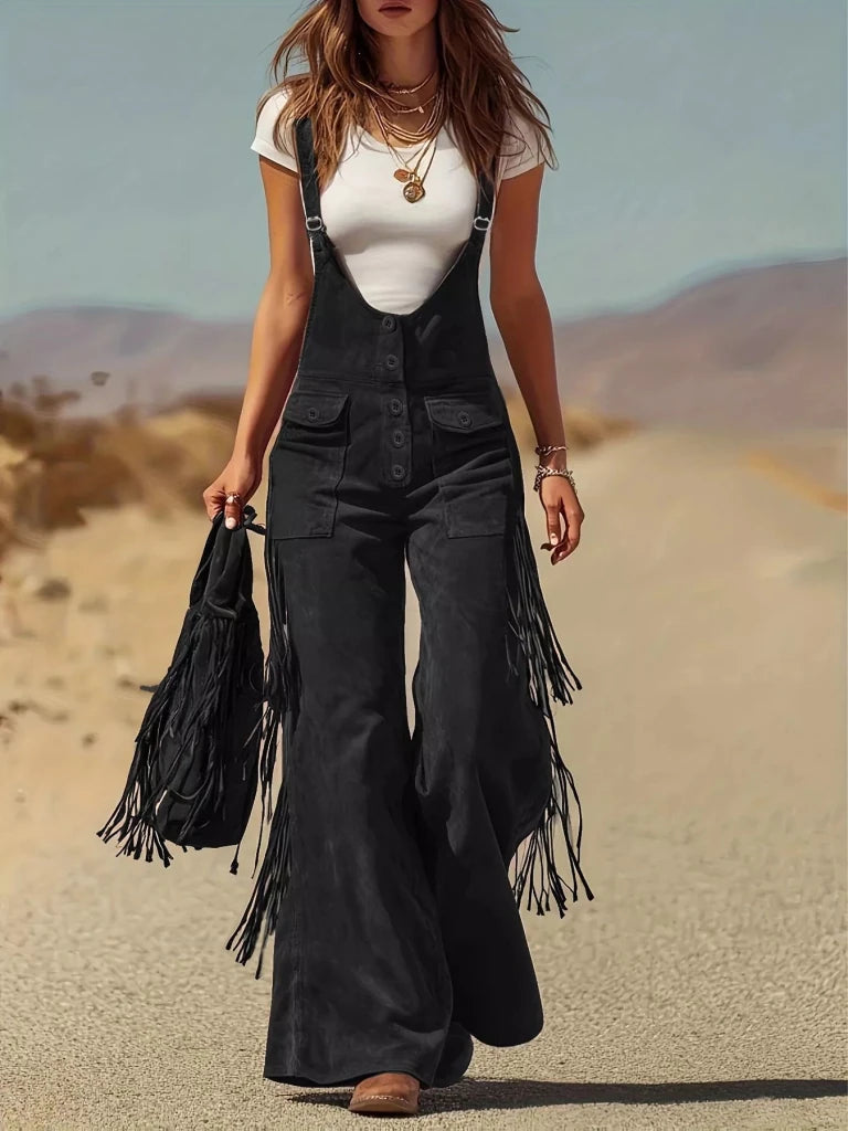 Fringe Corduroy Button Front Overalls - Black by Trendsi from FREYA’S CLOSET