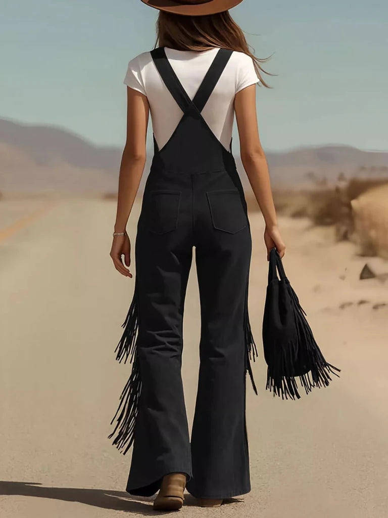 Fringe Corduroy Button Front Overalls - Black by Trendsi from FREYA’S CLOSET