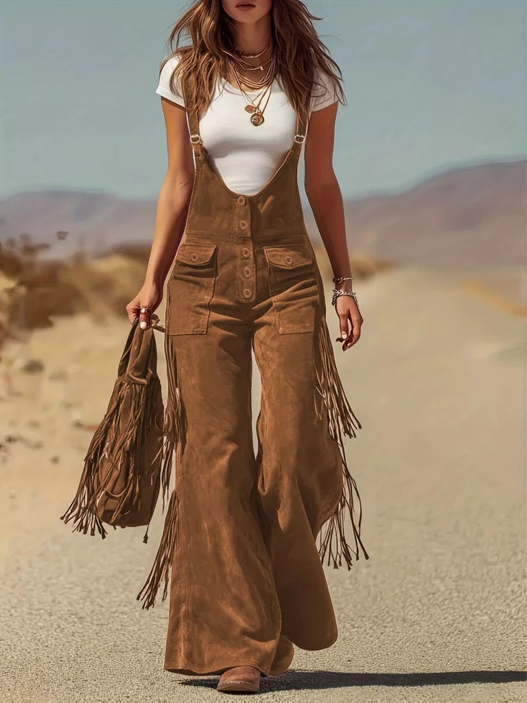 Fringe Corduroy Button Front Overalls - Caramel Brown by Trendsi from FREYA’S CLOSET