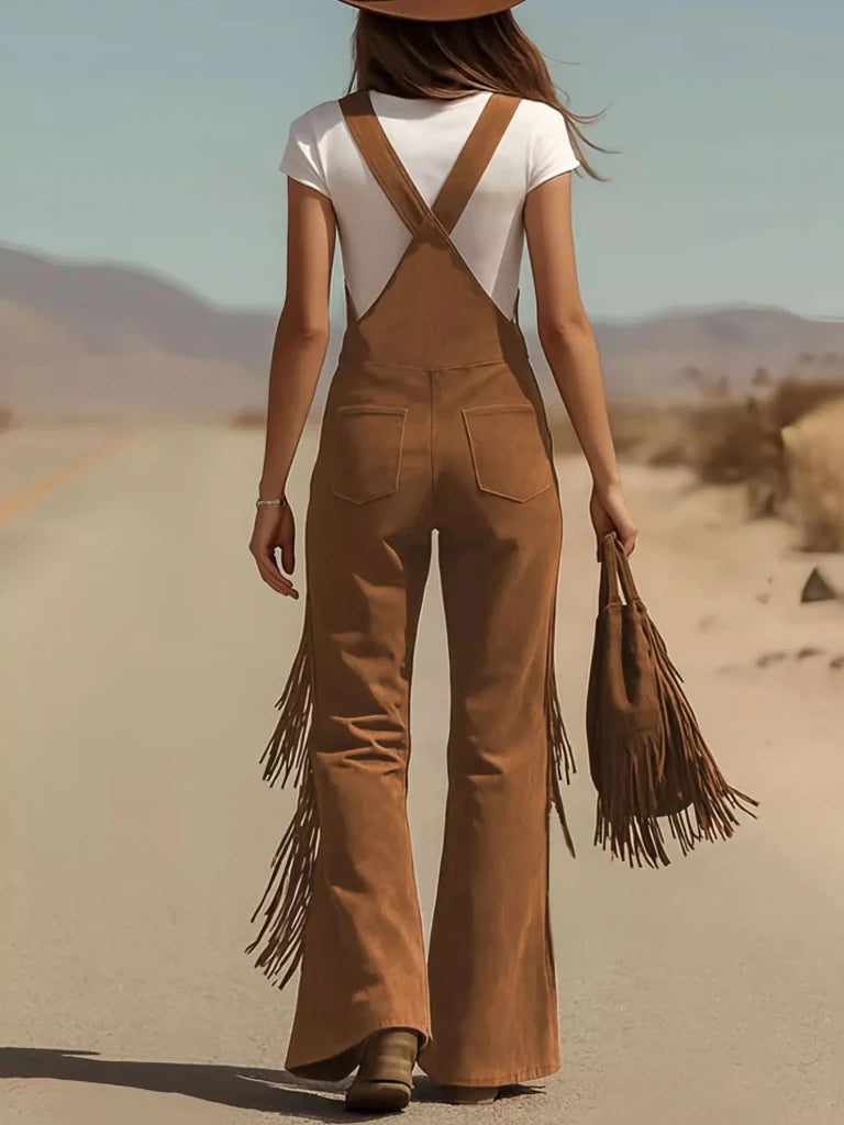 Fringe Corduroy Button Front Overalls - Caramel Brown by Trendsi from FREYA’S CLOSET