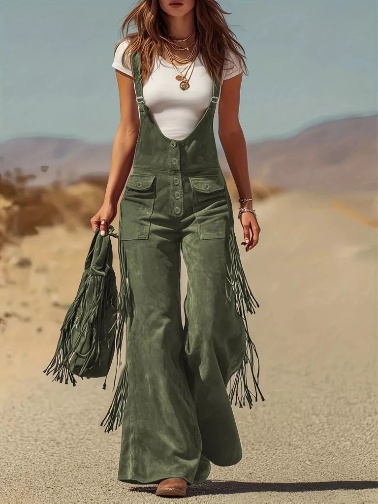 Fringe Corduroy Button Front Overalls - Green by Trendsi from FREYA’S CLOSET