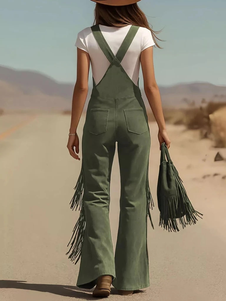 Fringe Corduroy Button Front Overalls - Green by Trendsi from FREYA’S CLOSET