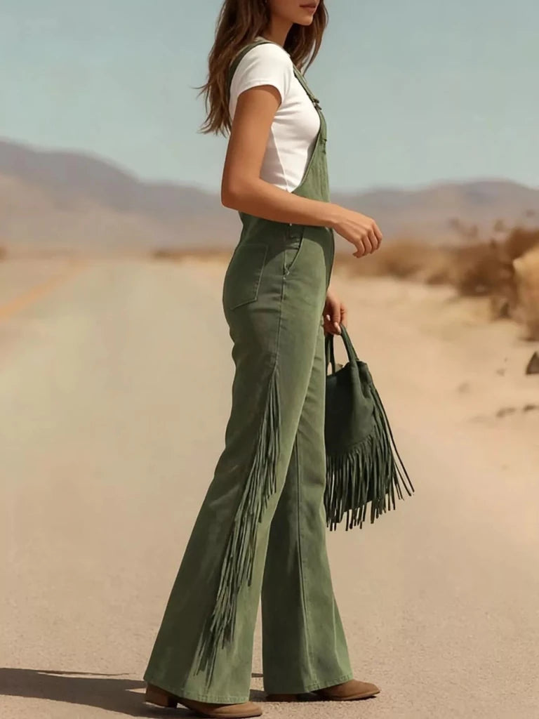Fringe Corduroy Button Front Overalls - Green by Trendsi from FREYA’S CLOSET