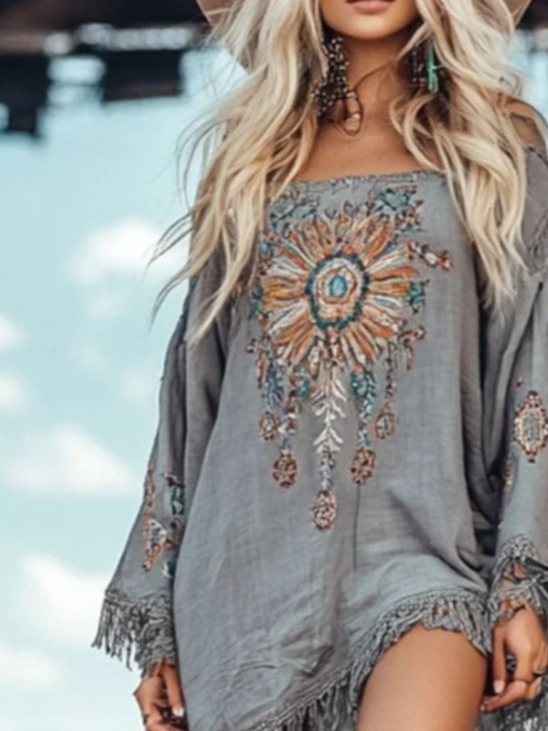 Fringe Hem Long Sleeve Mini Dress - Grey by Trendsi from FREYA’S CLOSET