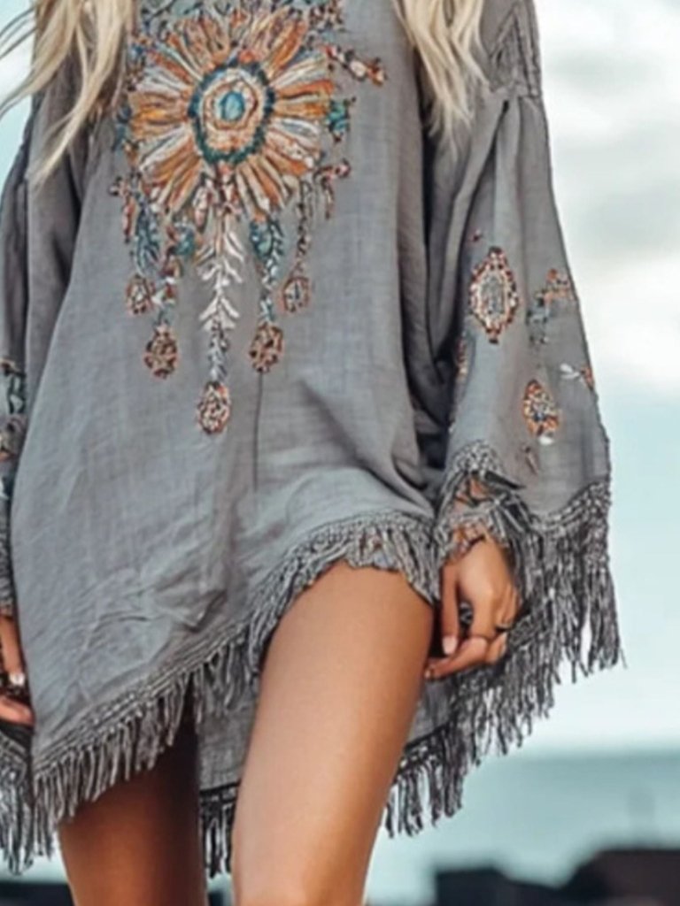 Fringe Hem Long Sleeve Mini Dress - Grey by Trendsi from FREYA’S CLOSET