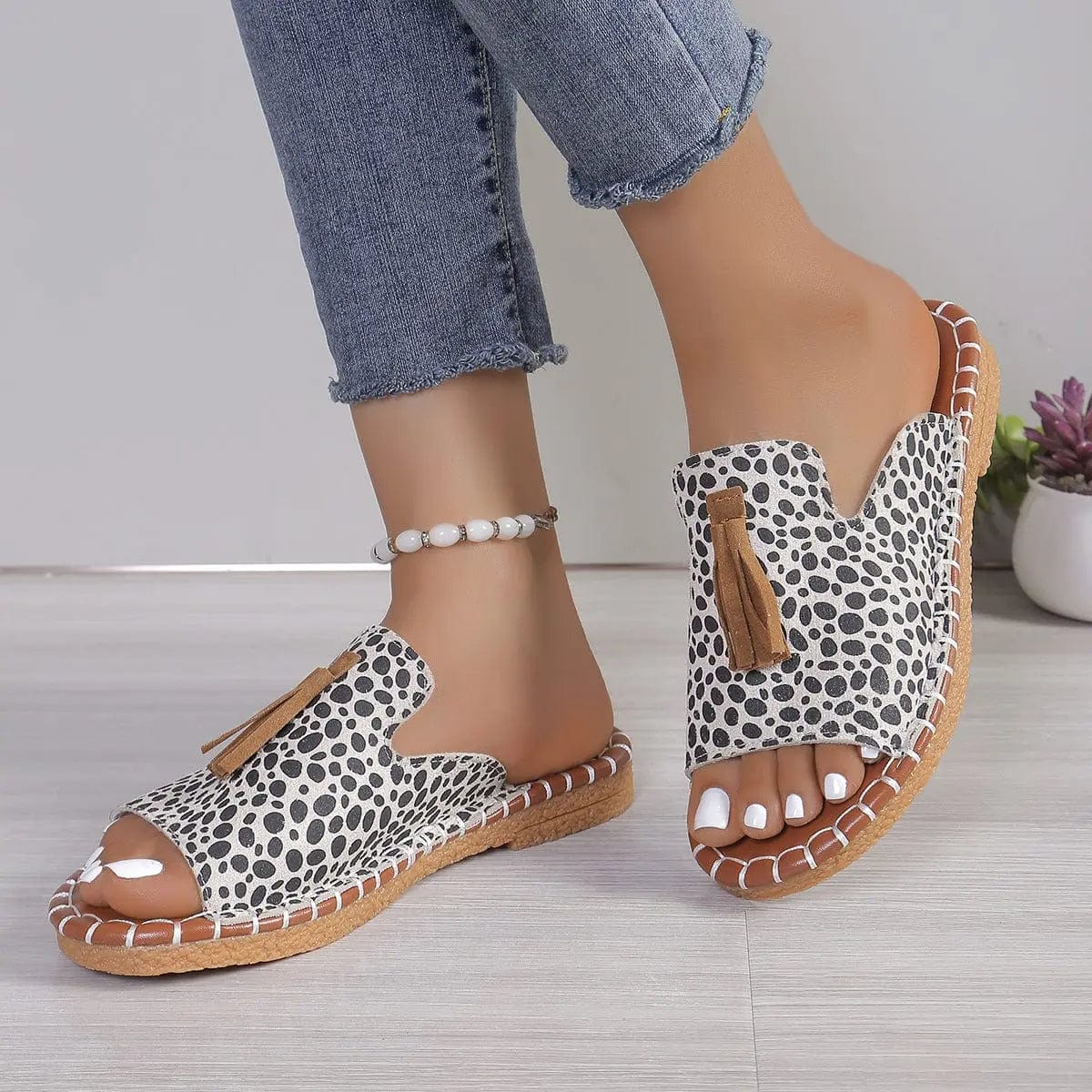 Trendsi Sandals Fringe Leopard Open Toe Sandals