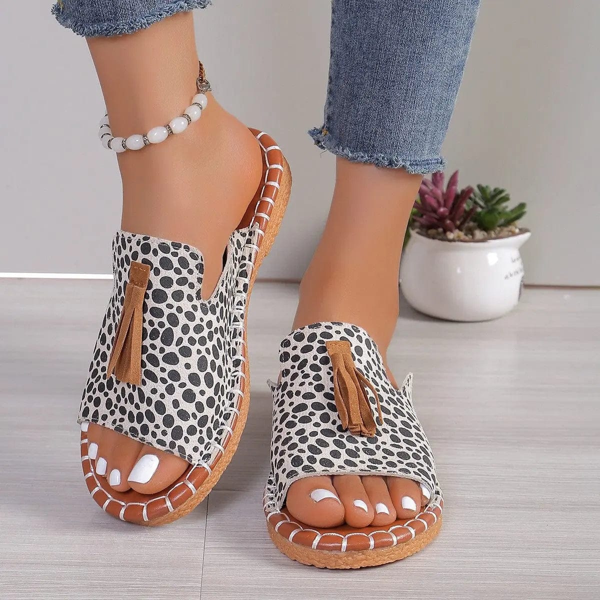Trendsi Sandals Ivory / 36(US5) Fringe Leopard Open Toe Sandals