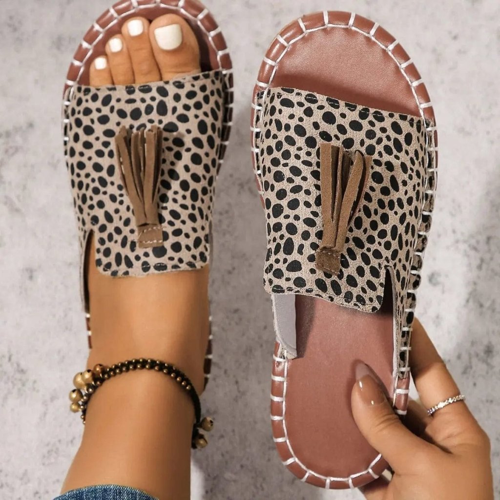 Fringe Leopard Open Toe Sandals - Ivory by Trendsi from FREYA’S CLOSET
