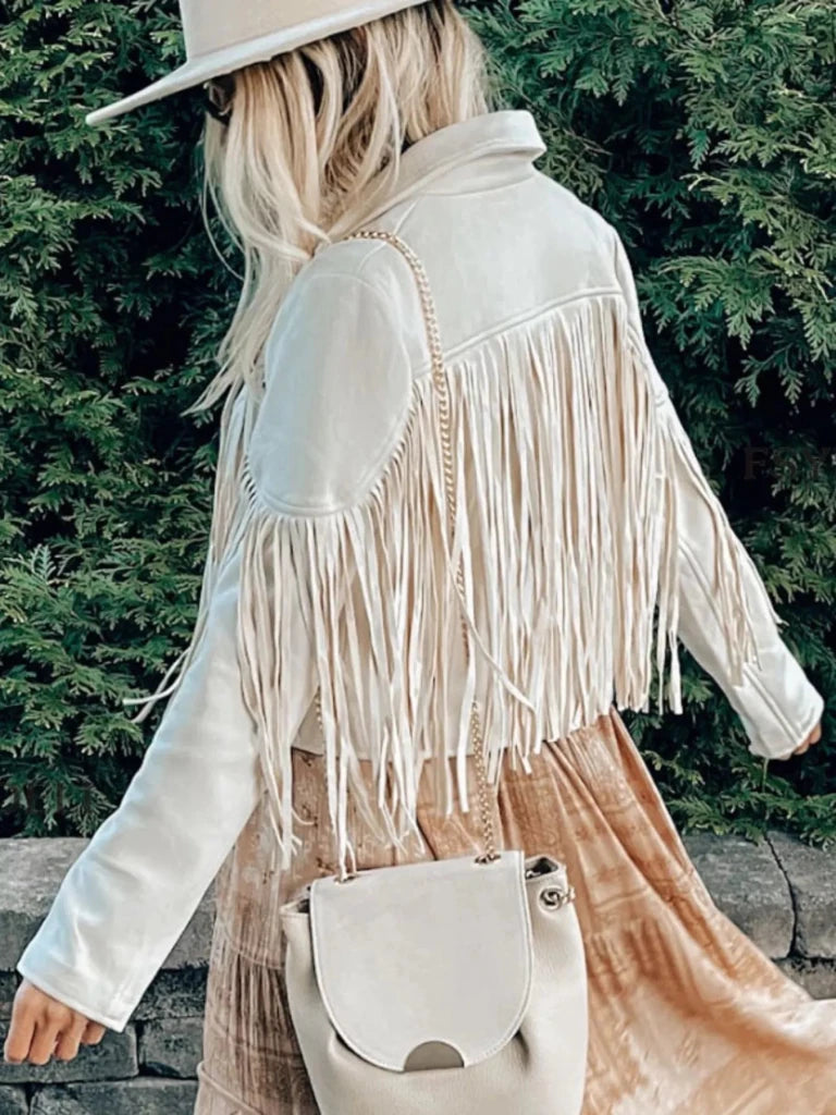Fringe Open Front Cropped Jacket - Beige by Trendsi from FREYA’S CLOSET