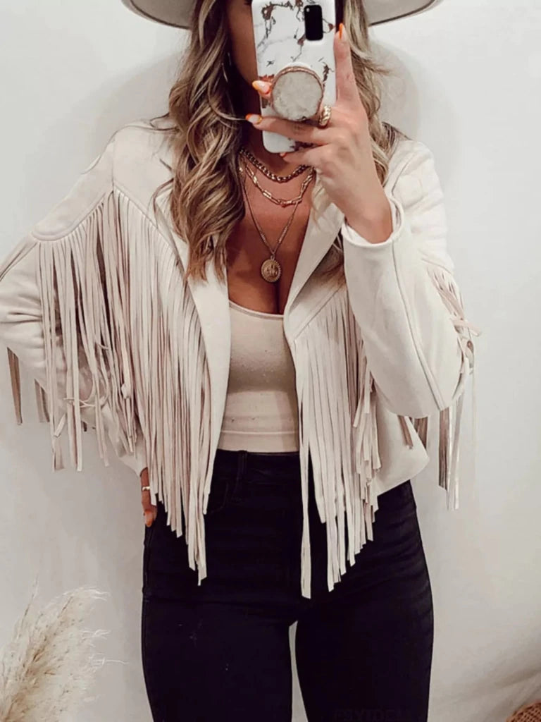 Fringe Open Front Cropped Jacket - Beige by Trendsi from FREYA’S CLOSET