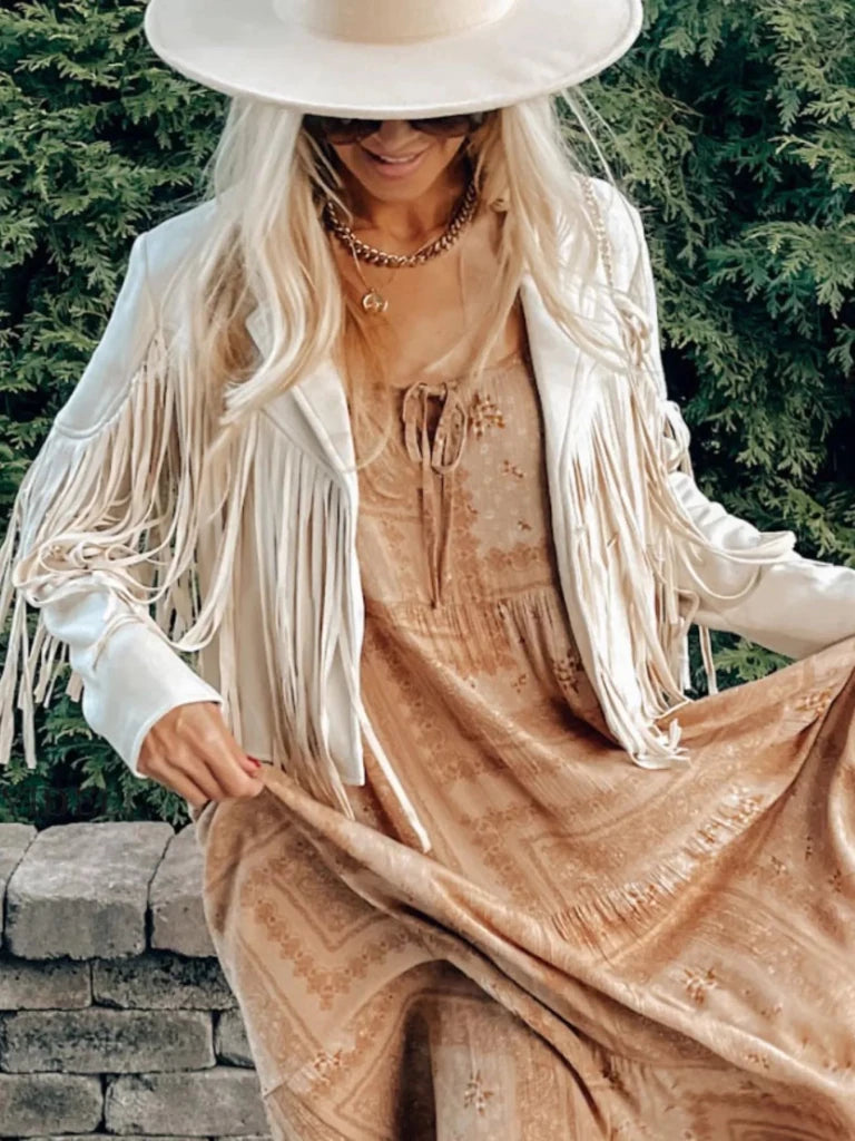 Fringe Open Front Cropped Jacket - Beige by Trendsi from FREYA’S CLOSET