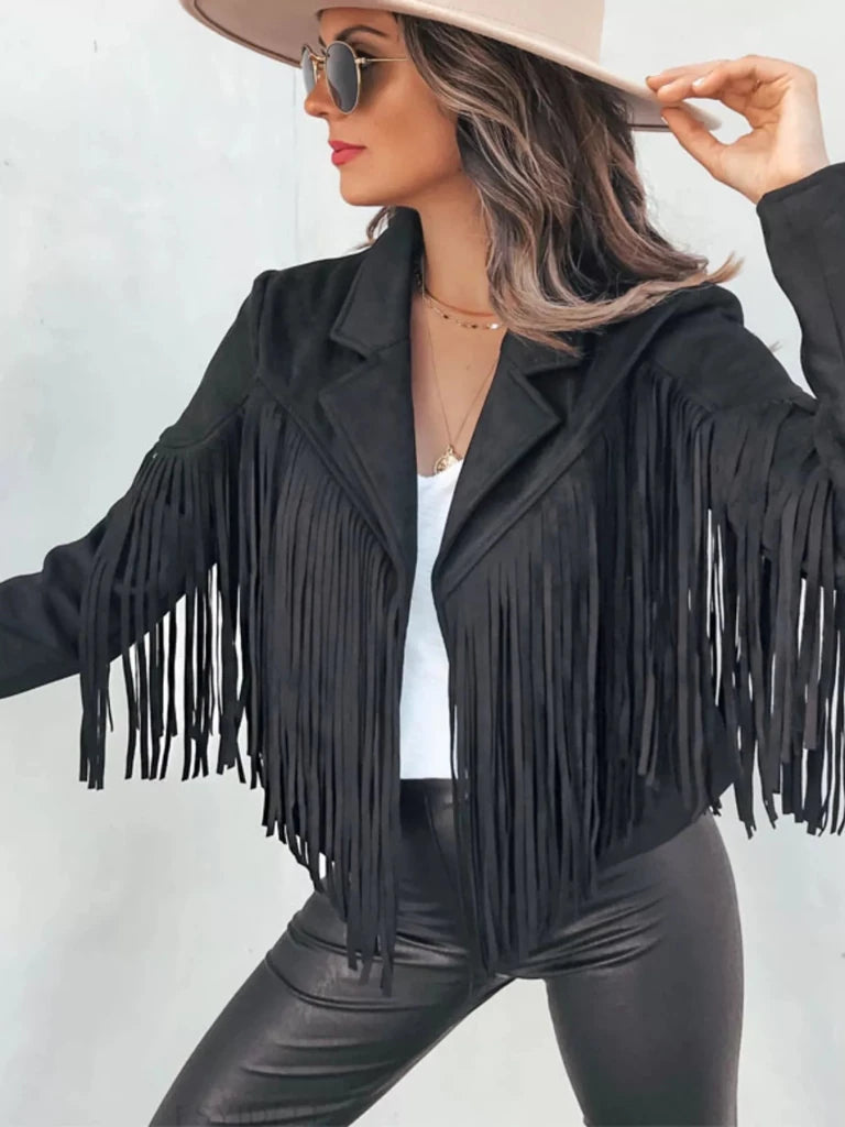 Fringe Open Front Cropped Jacket - Black by Trendsi from FREYA’S CLOSET