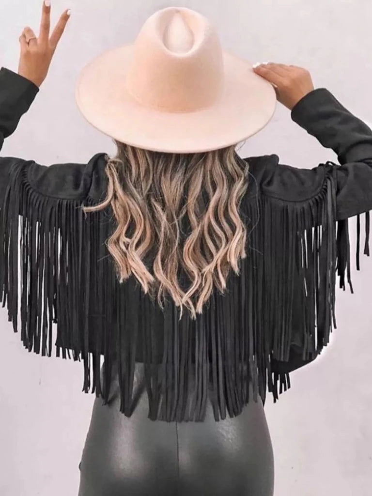 Fringe Open Front Cropped Jacket - Black by Trendsi from FREYA’S CLOSET