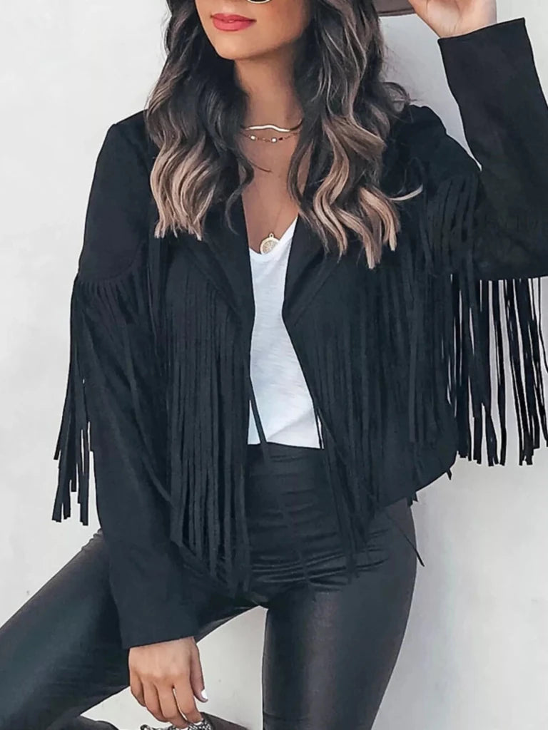 Fringe Open Front Cropped Jacket - Black by Trendsi from FREYA’S CLOSET