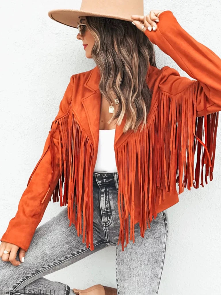 Fringe Open Front Cropped Jacket - Black by Trendsi from FREYA’S CLOSET