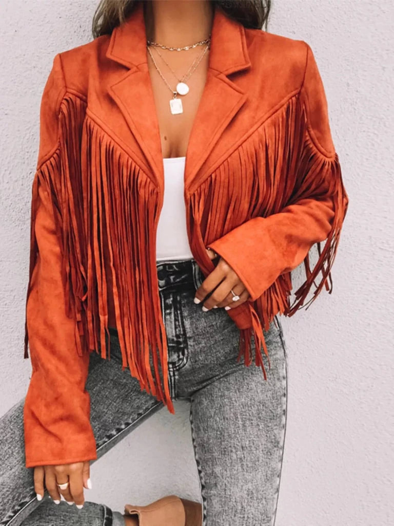 Fringe Open Front Cropped Jacket - Orange by Trendsi from FREYA’S CLOSET