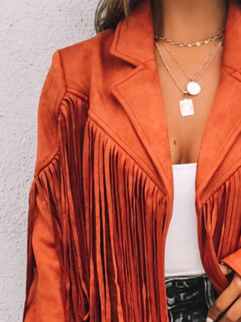 Fringe Open Front Cropped Jacket - Orange by Trendsi from FREYA’S CLOSET