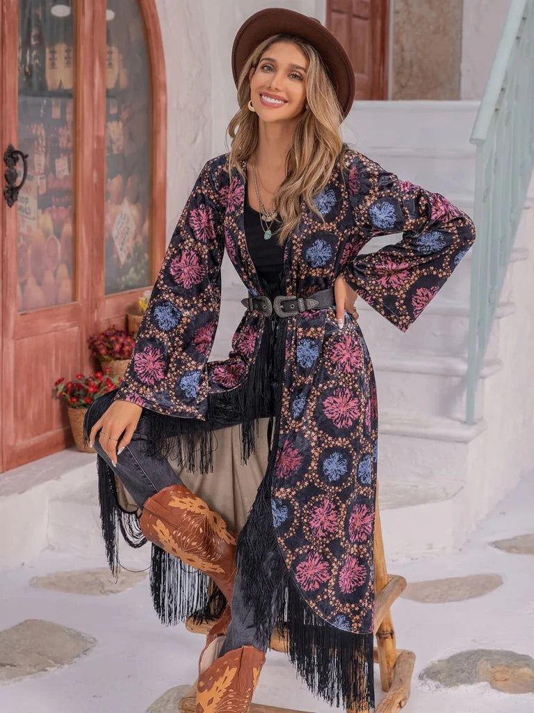 Fringe Open Front Long Sleeve Cardigan - Multicolor by Trendsi from FREYA’S CLOSET