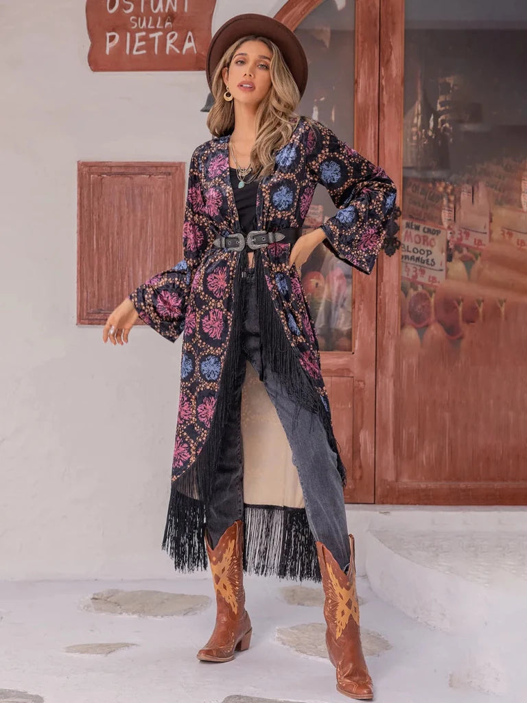 Fringe Open Front Long Sleeve Cardigan - Multicolor by Trendsi from FREYA’S CLOSET