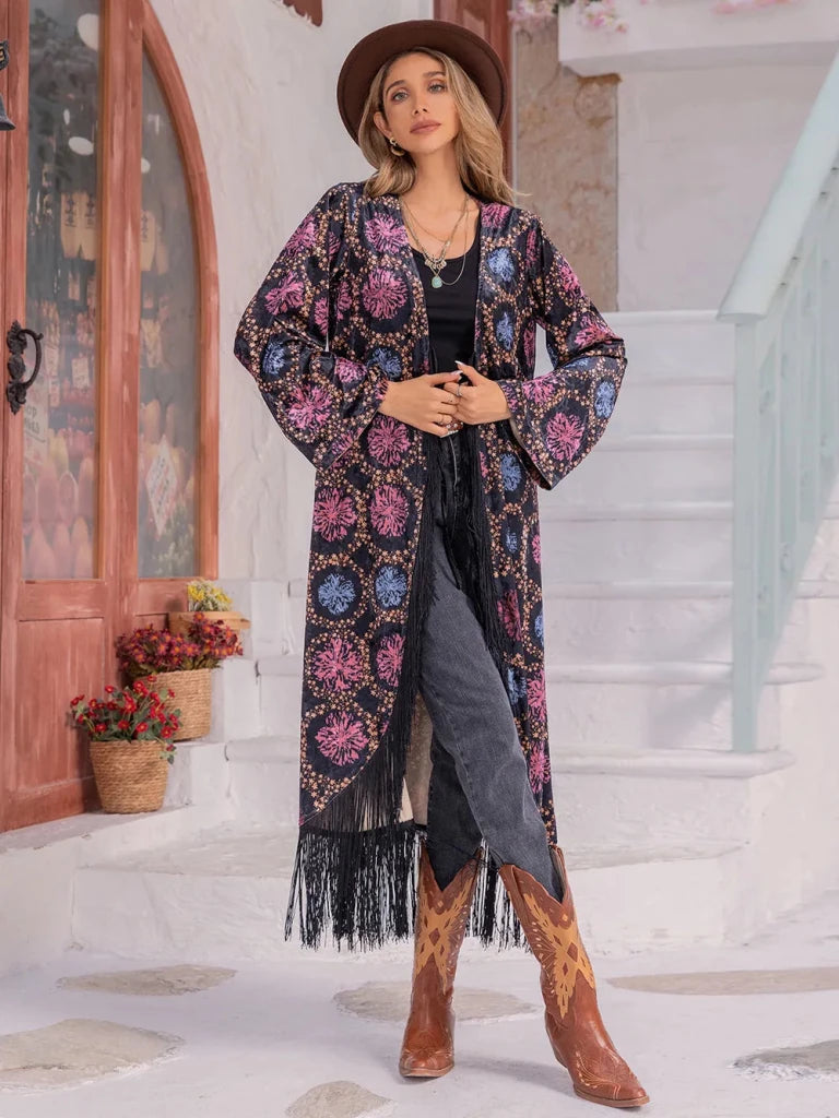 Fringe Open Front Long Sleeve Cardigan - Multicolor by Trendsi from FREYA’S CLOSET