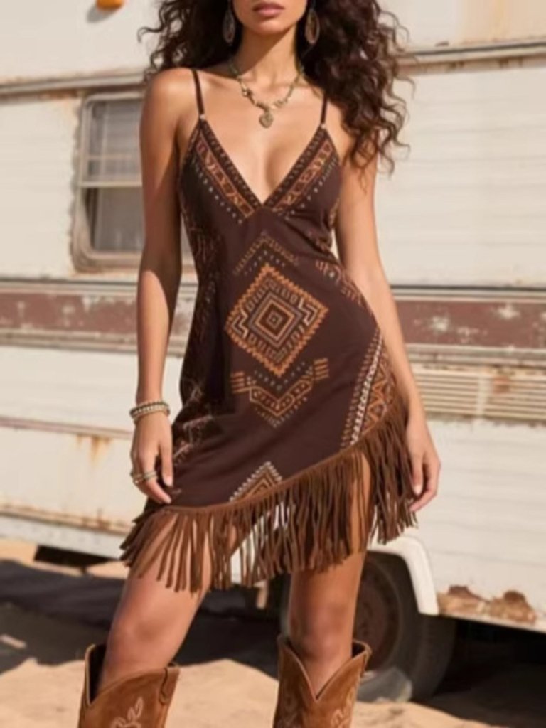 Fringe Trim Geometric Mini Dress - Brown by Trendsi from FREYA’S CLOSET