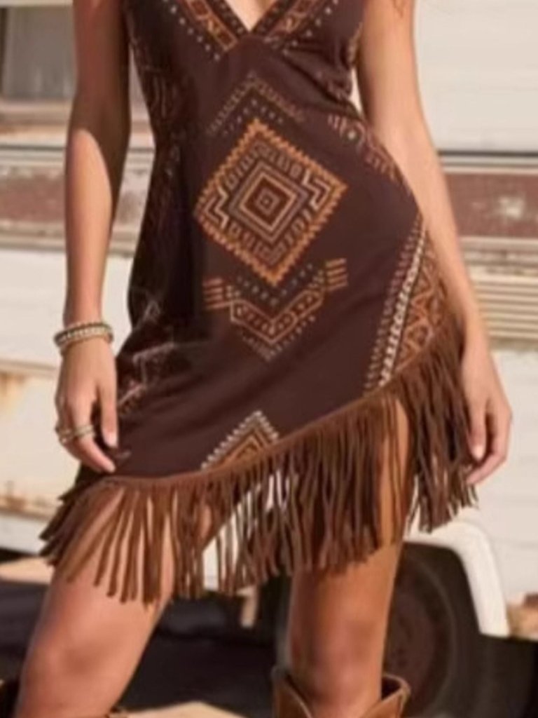 Fringe Trim Geometric Mini Dress - Brown by Trendsi from FREYA’S CLOSET