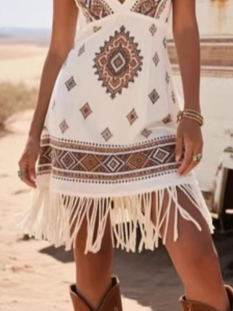 Fringe Trim Geometric Mini Dress - White by Trendsi from FREYA’S CLOSET
