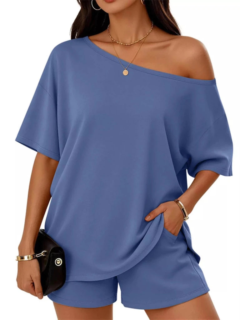 Blue boat neck tee and shorts set