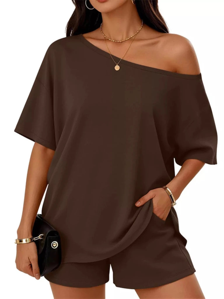 Brown boat neck tee and shorts set