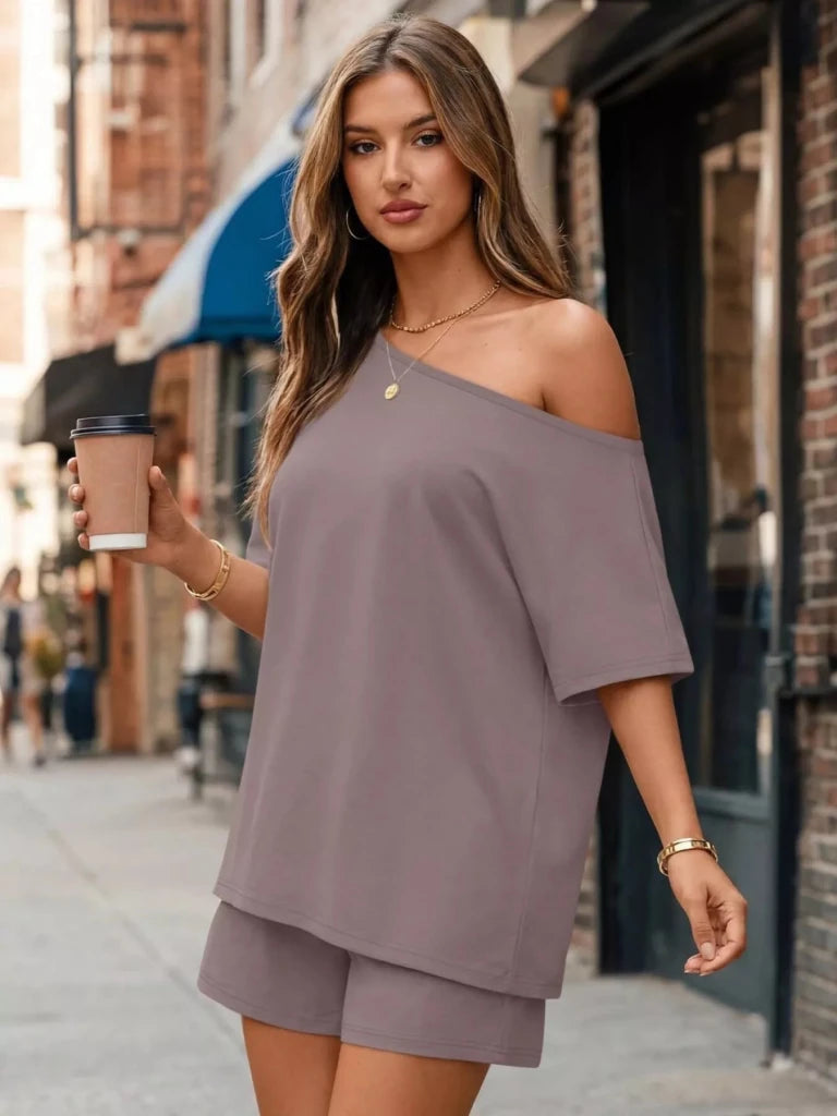 Gray boat neck tee and shorts set, view 3