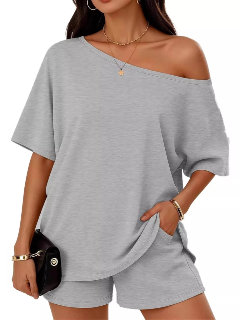 Light gray boat neck tee and shorts set