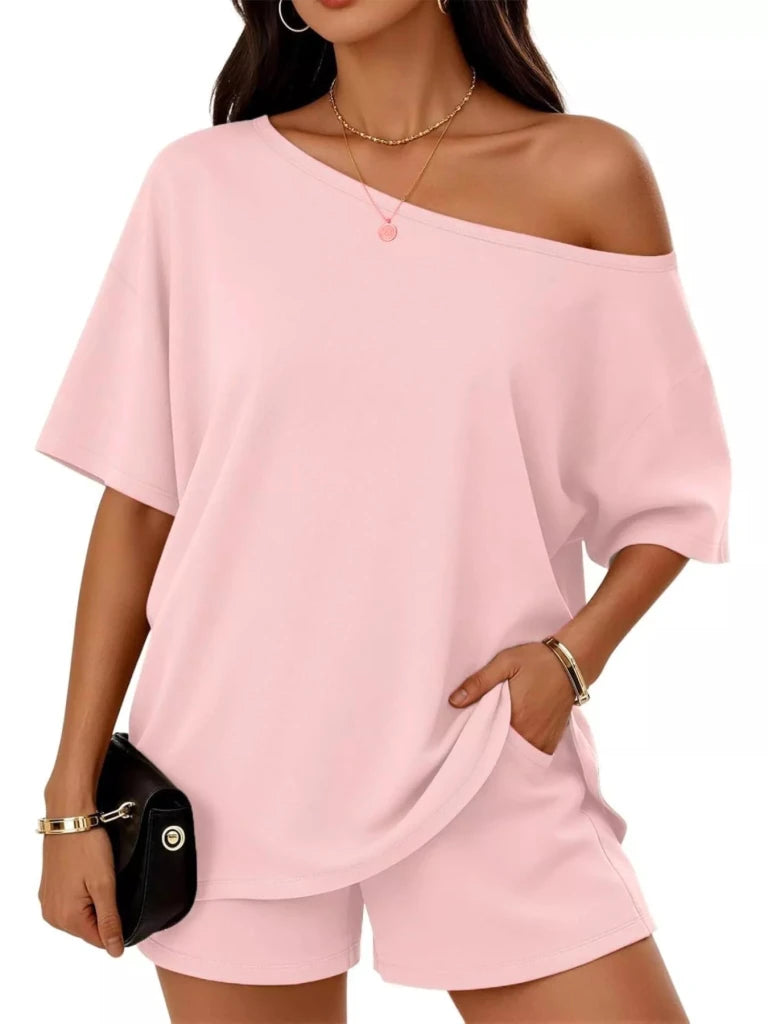 Pink boat neck tee and shorts set, view 2